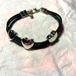 Heart bracelet with triple black cord. #034